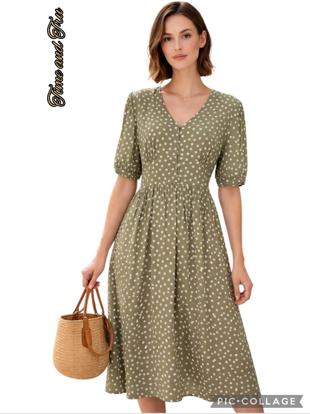 Time and Tru midi dress olive & white polka dot v-neck gathered sz xl 16-18